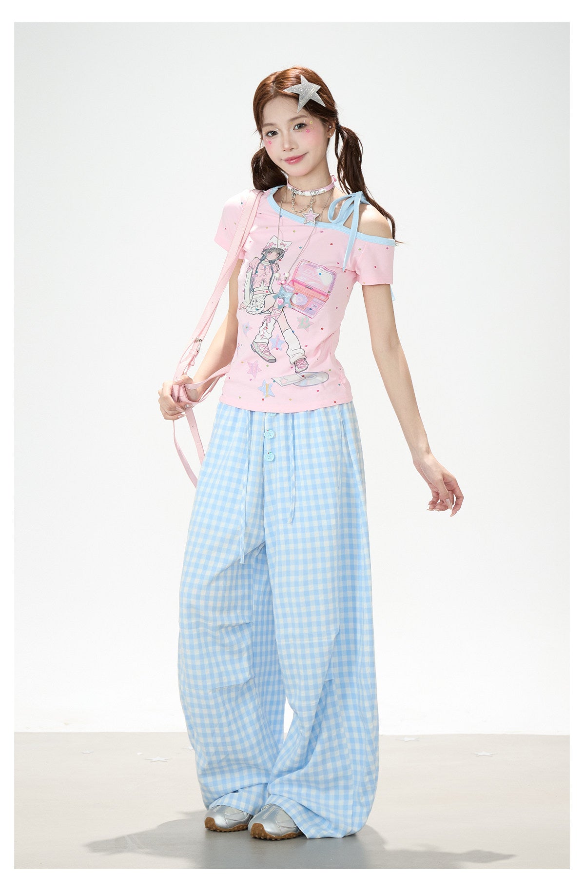 Gingham Oversized Wide-Leg Cargo Pants