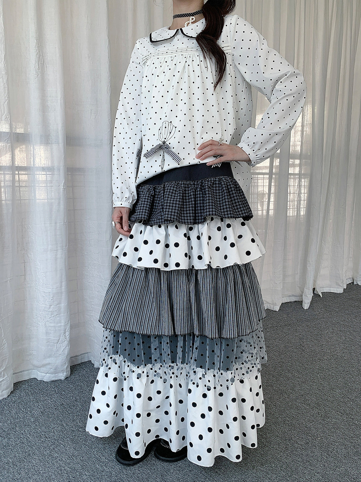Mixed Polka Dot Plaid Tiered Maxi Skirt