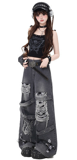 Skeleton Hand Distressed Strap Wide-Leg Jeans
