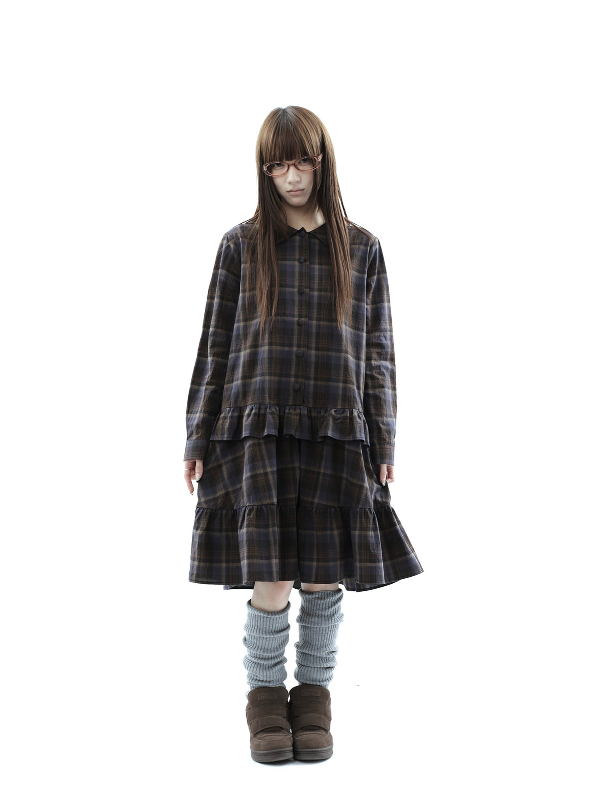 Plaid Ruffle-Hem Long Sleeve Shirt Dress