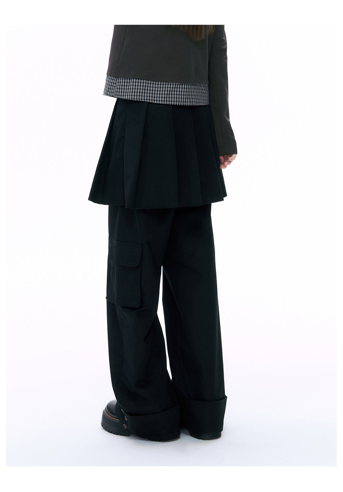 Pleated Skirt-Overlay Cargo Wide-Leg Pants