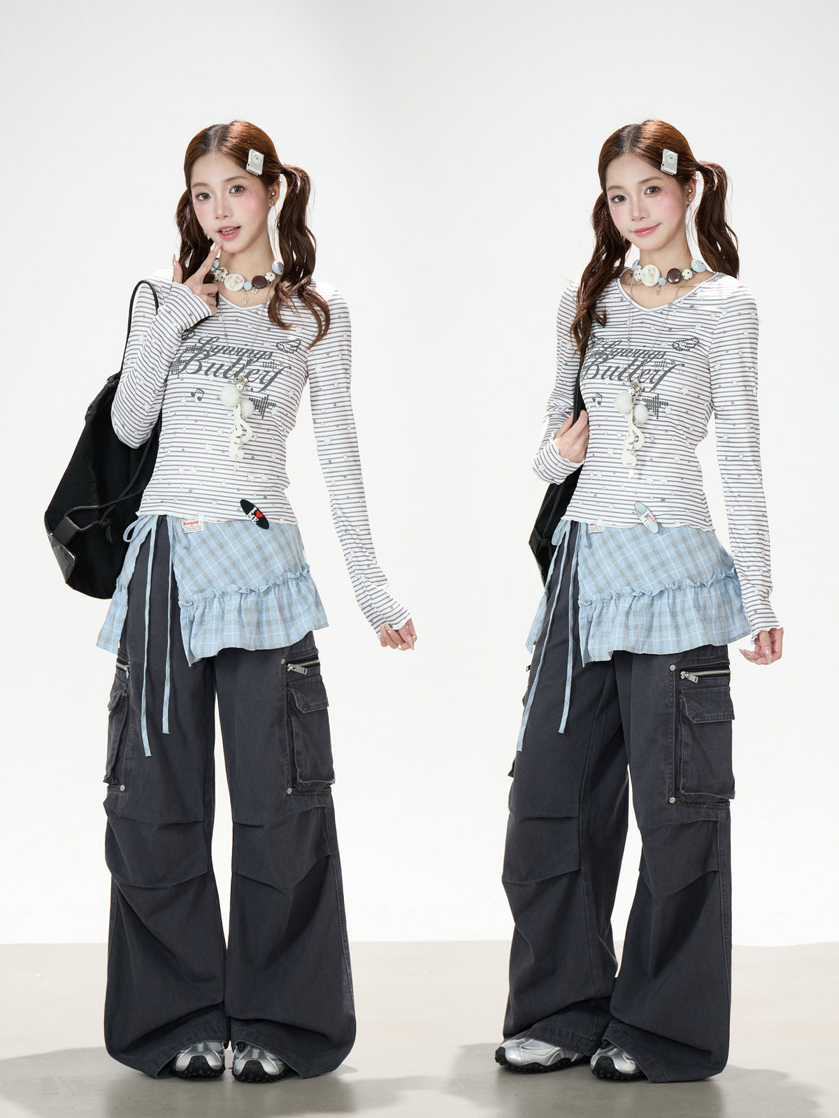 Washed Gray Multi-Pocket Wide-Leg Cargo Jeans