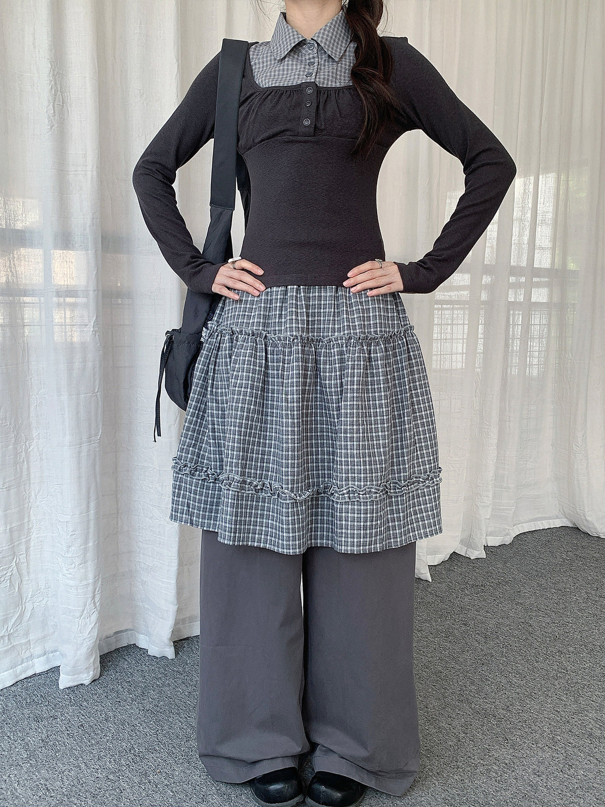 Plaid Layered Skirt Wide-Leg Pants