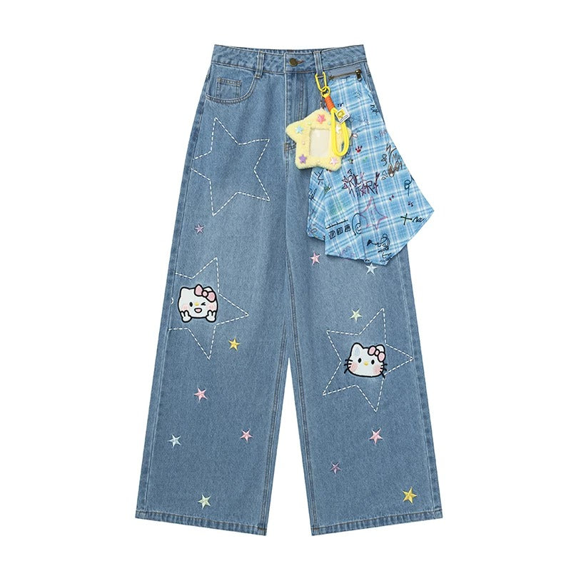 Letter Polka-Dot Off-Shoulder Layered Long Sleeve Top & Cartoon Star Wide-Leg Jeans with Charm