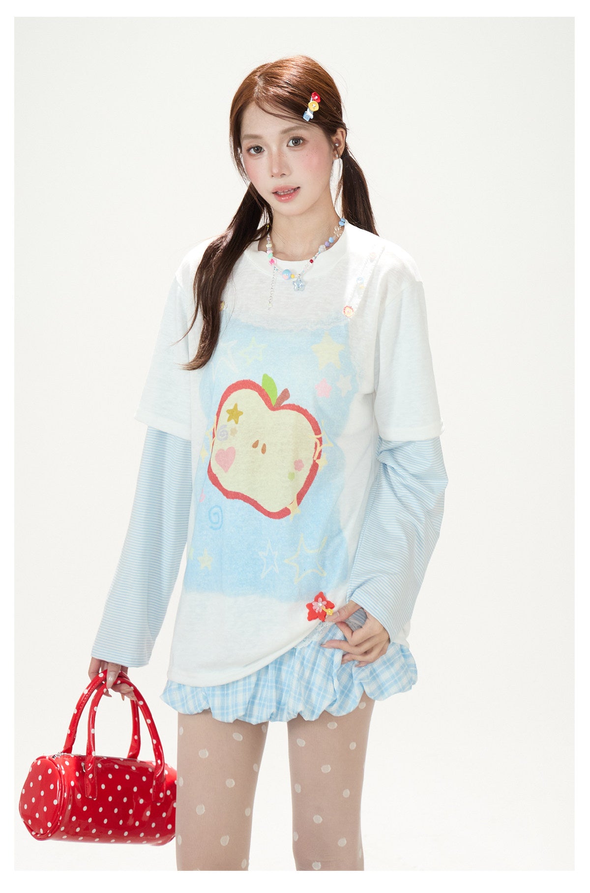 Apple Doodle Layered Long Sleeve Tee & Light Blue Ruffle Mini Skirt