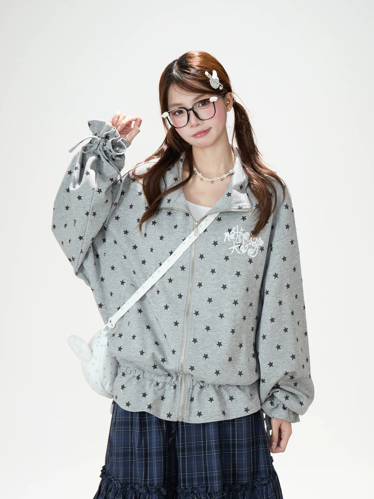 Allover Star Zip-Up Sweatshirt Jacket & Blue Plaid Tiered Midi Skirt