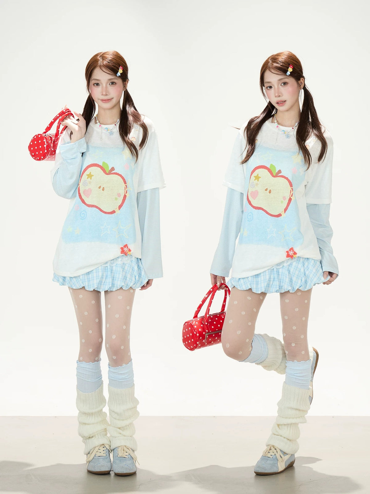Apple Doodle Layered Long Sleeve Tee & Light Blue Ruffle Mini Skirt