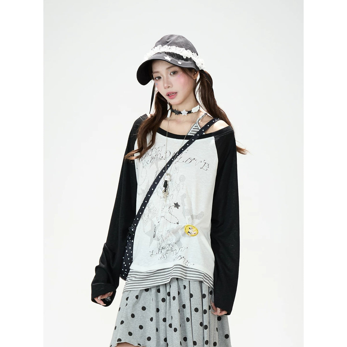 Cartoon Girl Off-Shoulder Long Sleeve Top & Asymmetric Polka-Dot Mini Skirt