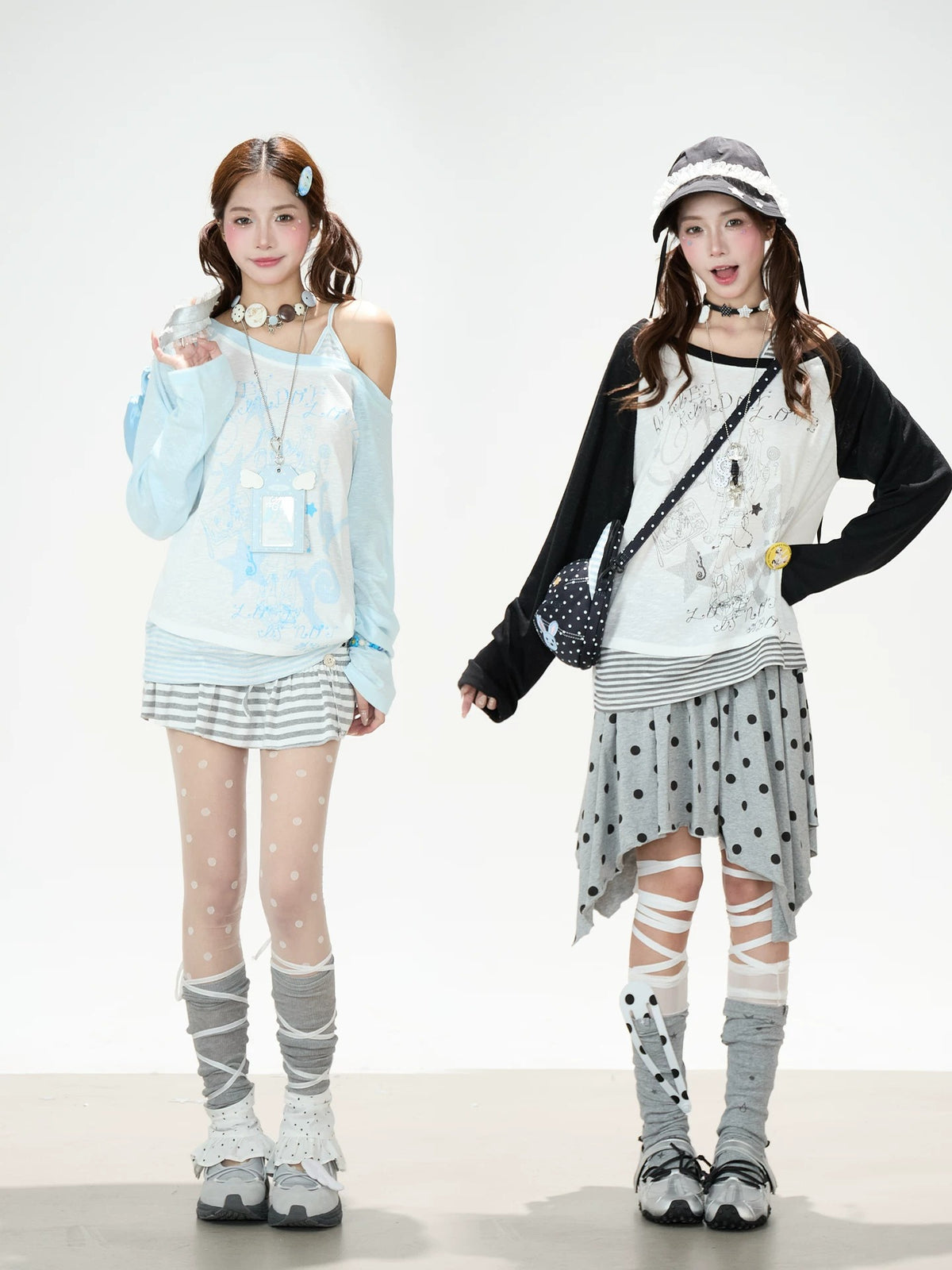 Cartoon Girl Off-Shoulder Long Sleeve Top & Asymmetric Polka-Dot Mini Skirt