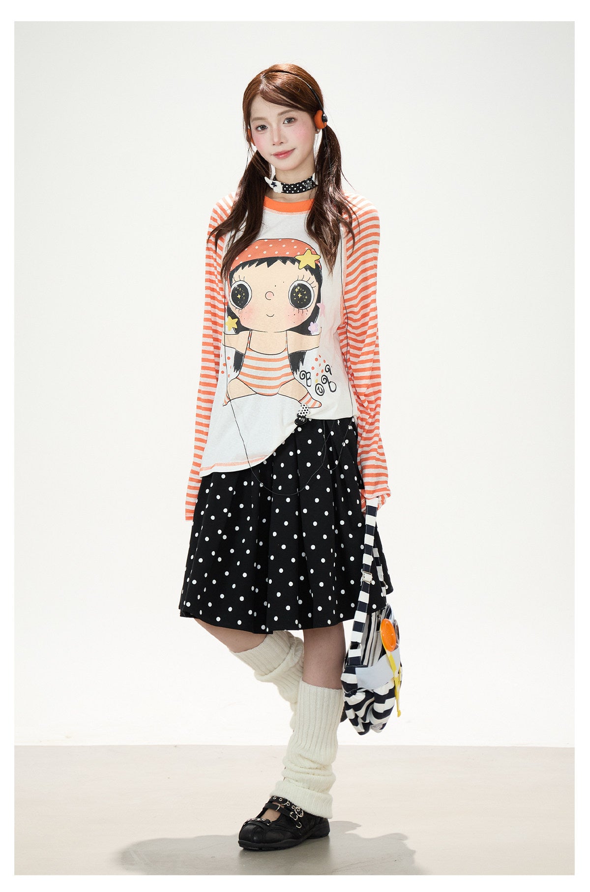 Cartoon Girl Stripe Raglan Long Sleeve Top & Black Polka-Dot Ruffle Skirt