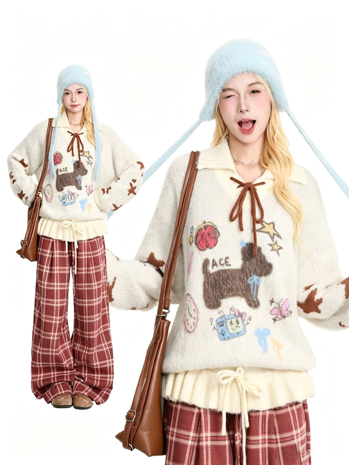 Puppy Graphic Bow-Collar Oversized Knit Sweater