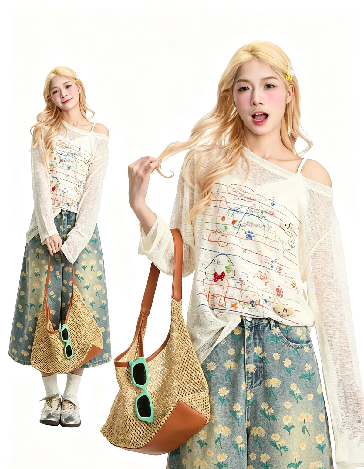 Cat & Puppy Sheer Graphic Long Sleeve Top
