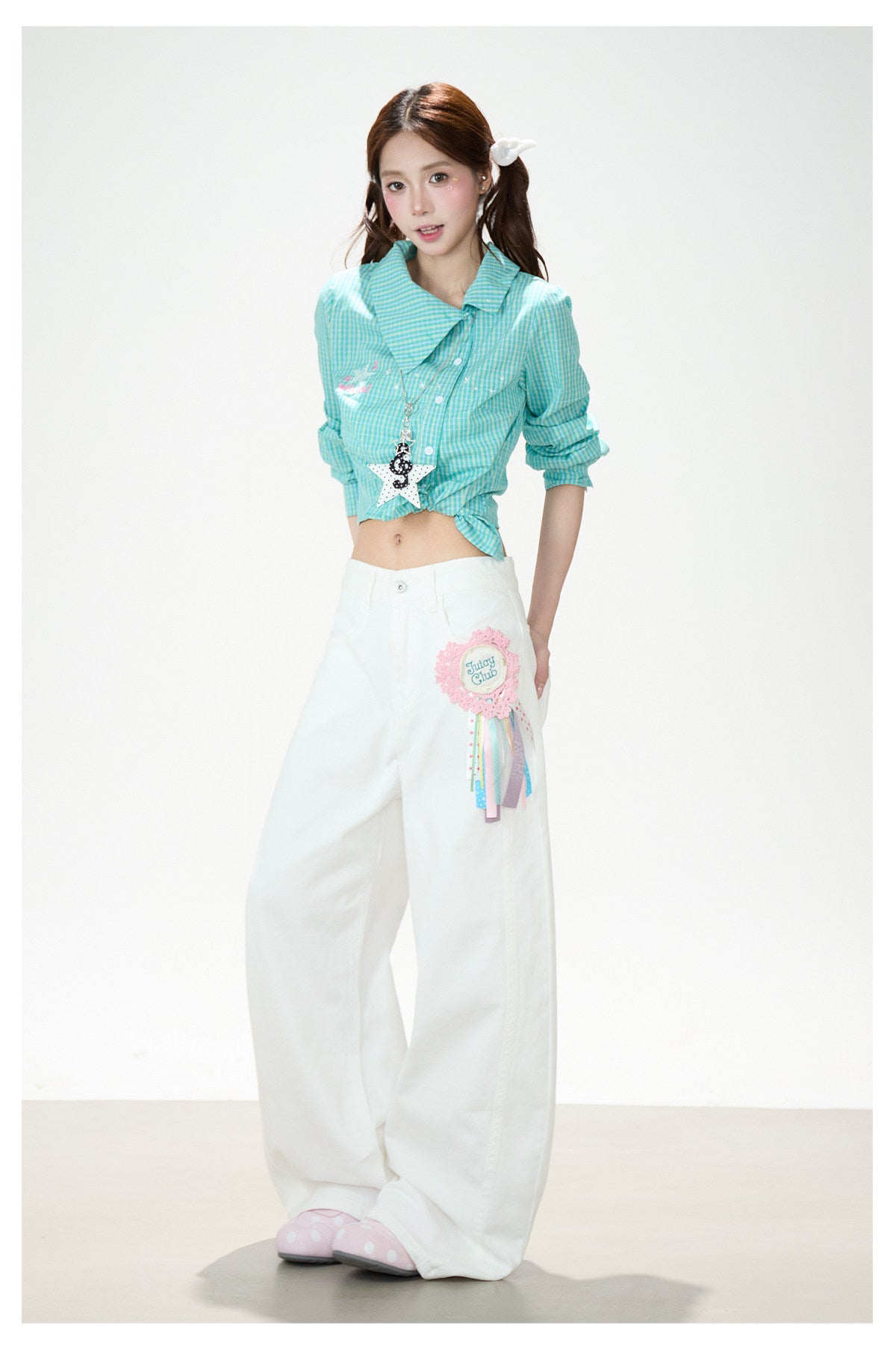 Green Check Fitted Shirt & White Wide-Leg Pants