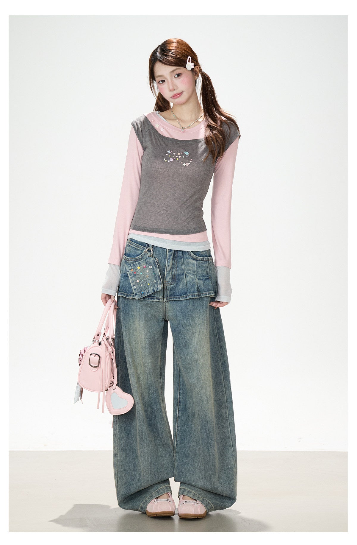 Layered Contrast Long Sleeve Top & Washed Wide-Leg Jeans