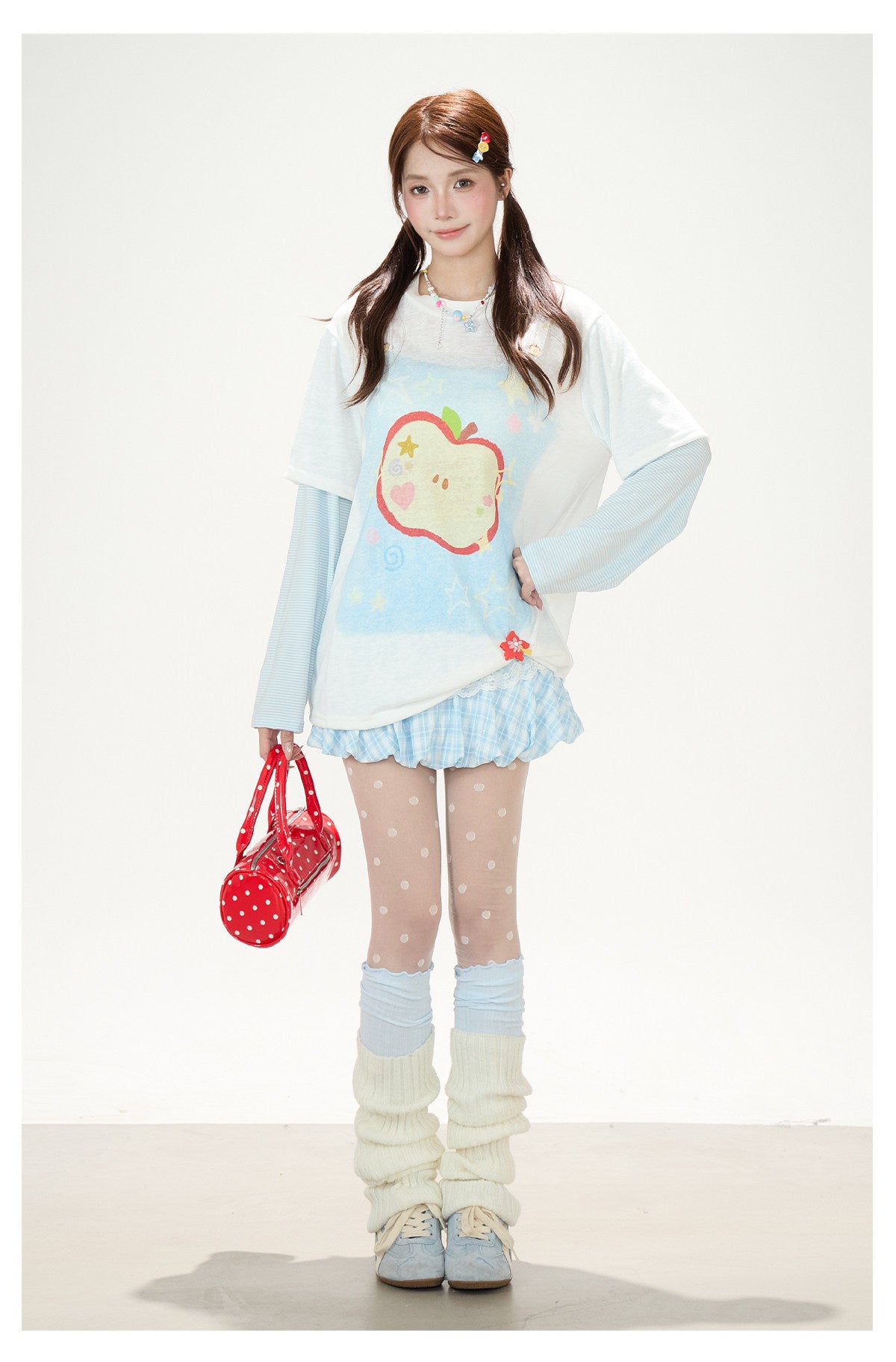 Apple Doodle Layered Long Sleeve Tee & Light Blue Ruffle Mini Skirt