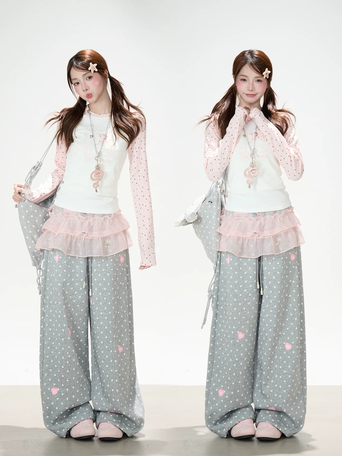 Pink Star Raglan Long Sleeve Top & Gray Heart Star Wide-Leg Pants