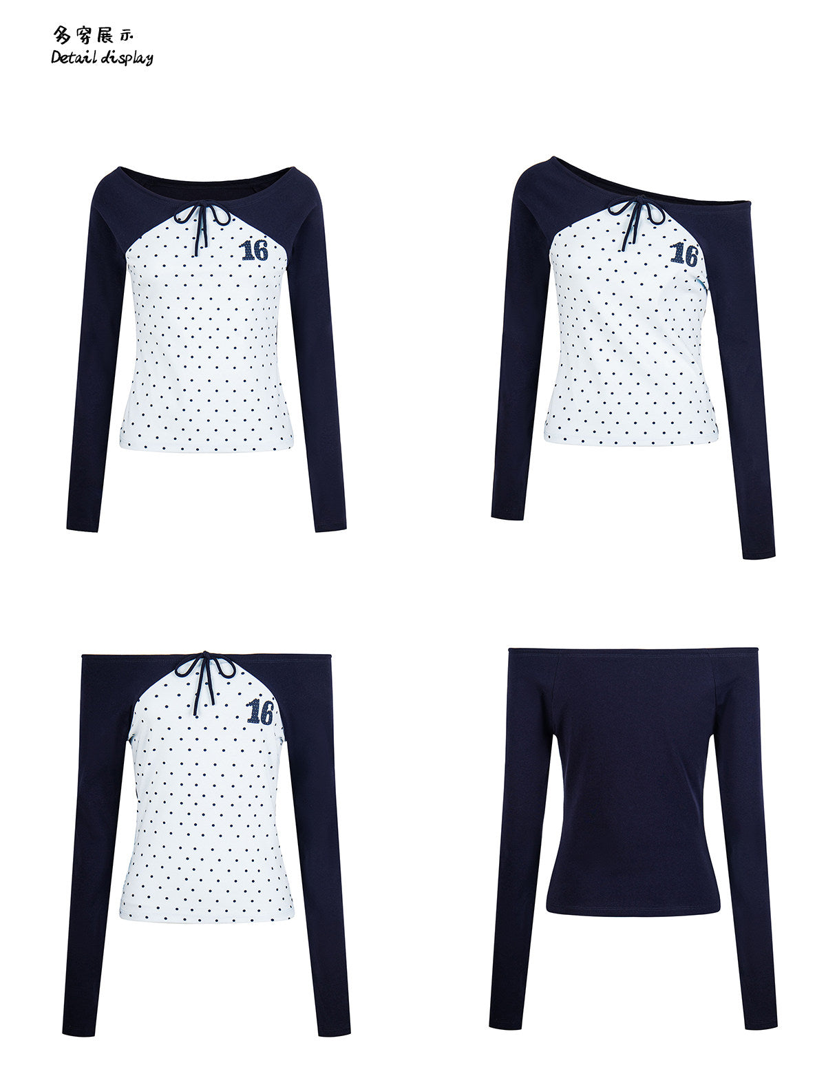 Polka-Dot Tie-Front Off-Shoulder Long Sleeve Top & Royal Blue Stripe Ruffle Mini Skirt
