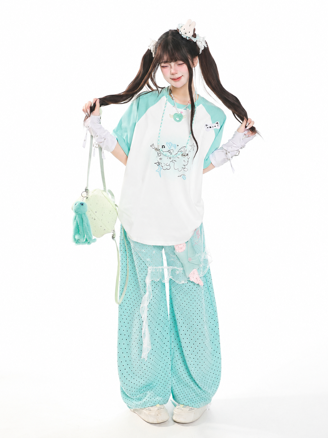 Kitty Sketch Colorblock Raglan Oversized Tee