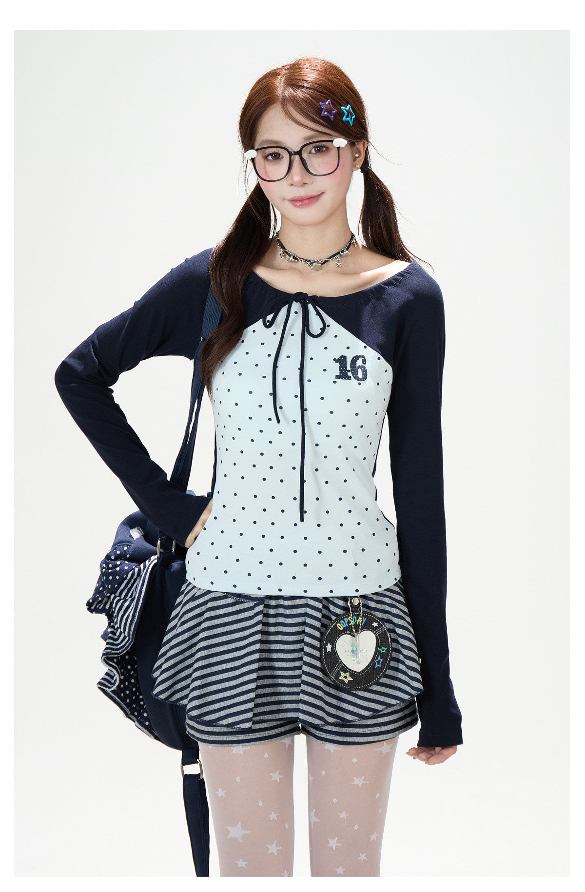 Polka-Dot Tie-Front Off-Shoulder Long Sleeve Top & Royal Blue Stripe Ruffle Mini Skirt