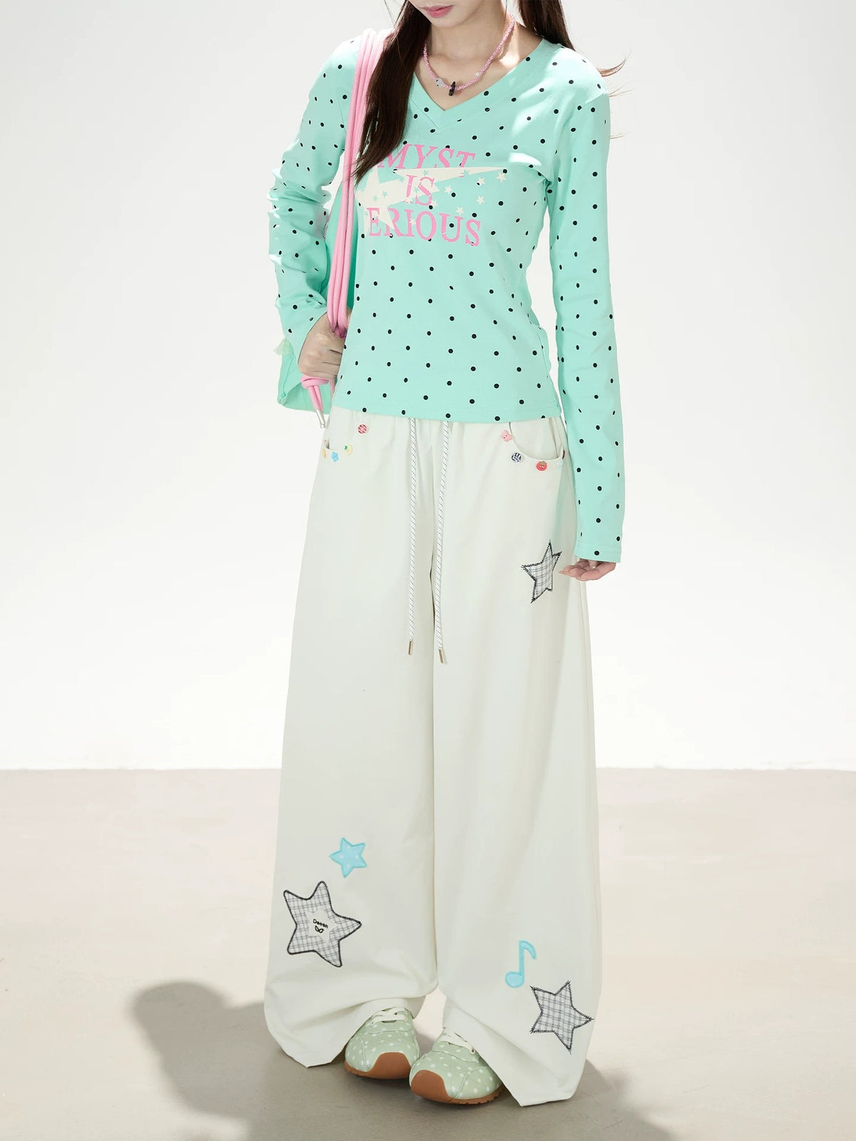 Polka-Dot V-Neck Long Sleeve Top & Star Music Note Wide-Leg Pants