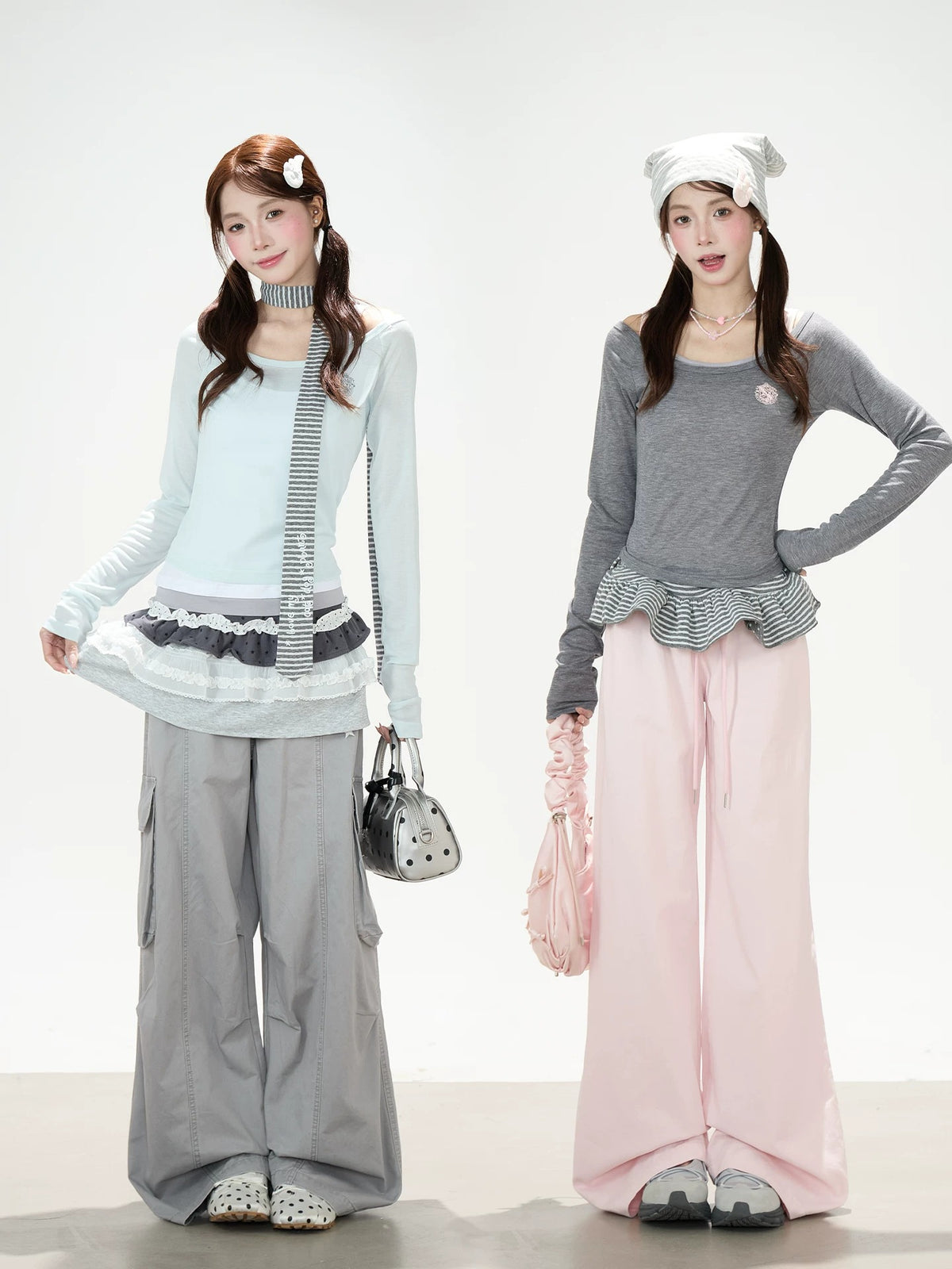 Off-Shoulder Layered Two-Piece Top Set & Gray Wide-Leg Cargo Pants