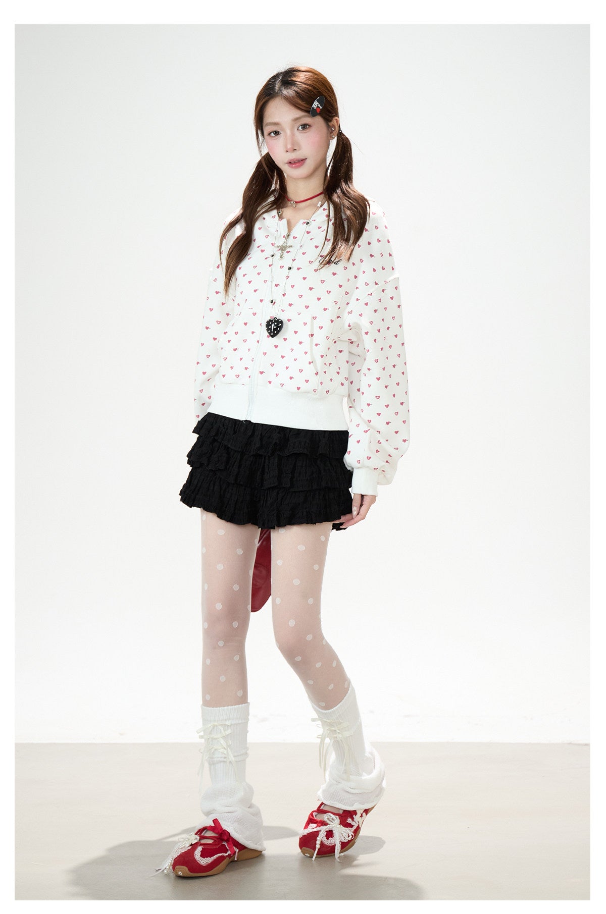 Heart Print Zip-Up Hoodie & Black Tiered Ruffle Mini Skirt
