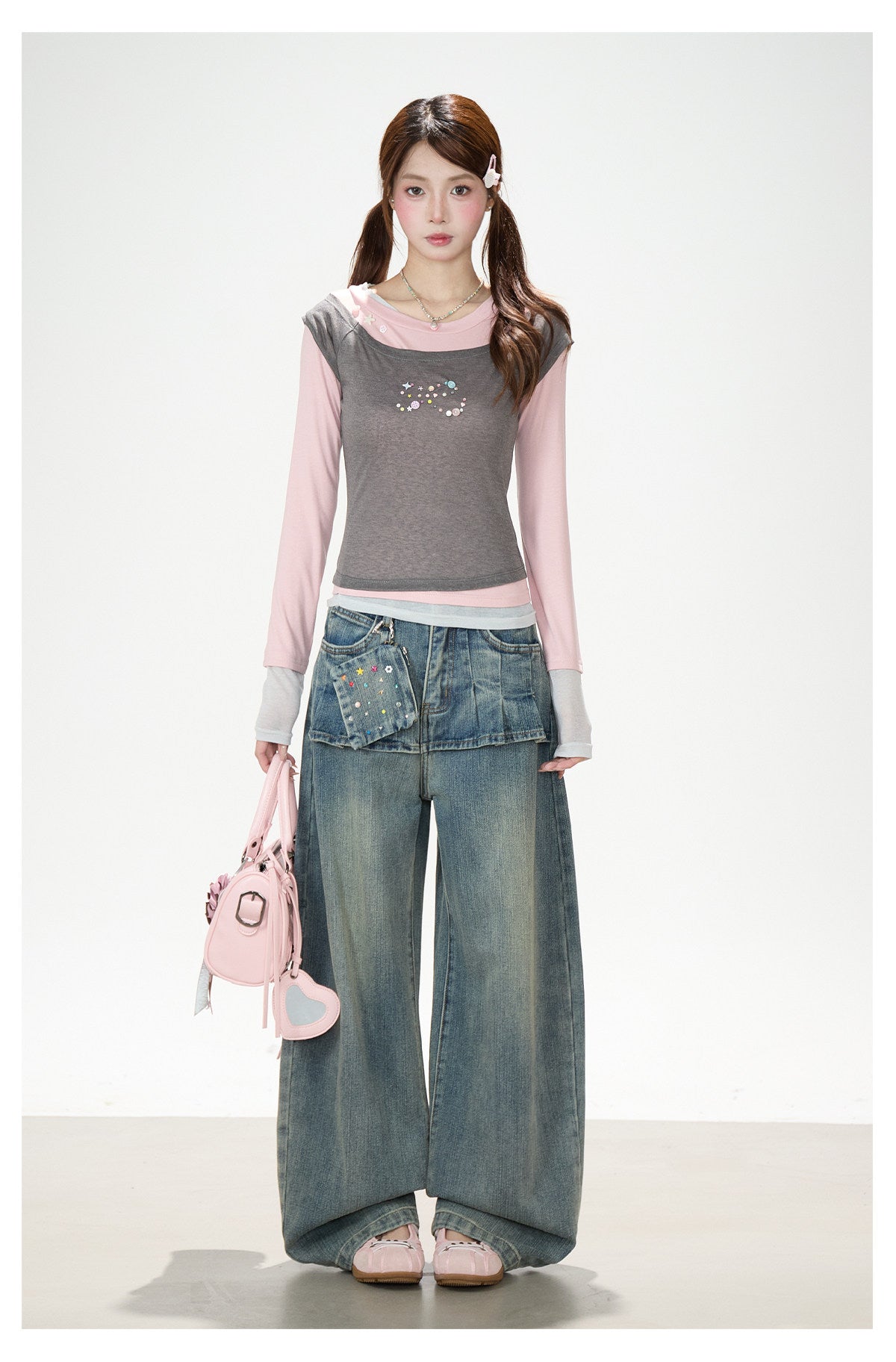 Layered Contrast Long Sleeve Top & Washed Wide-Leg Jeans