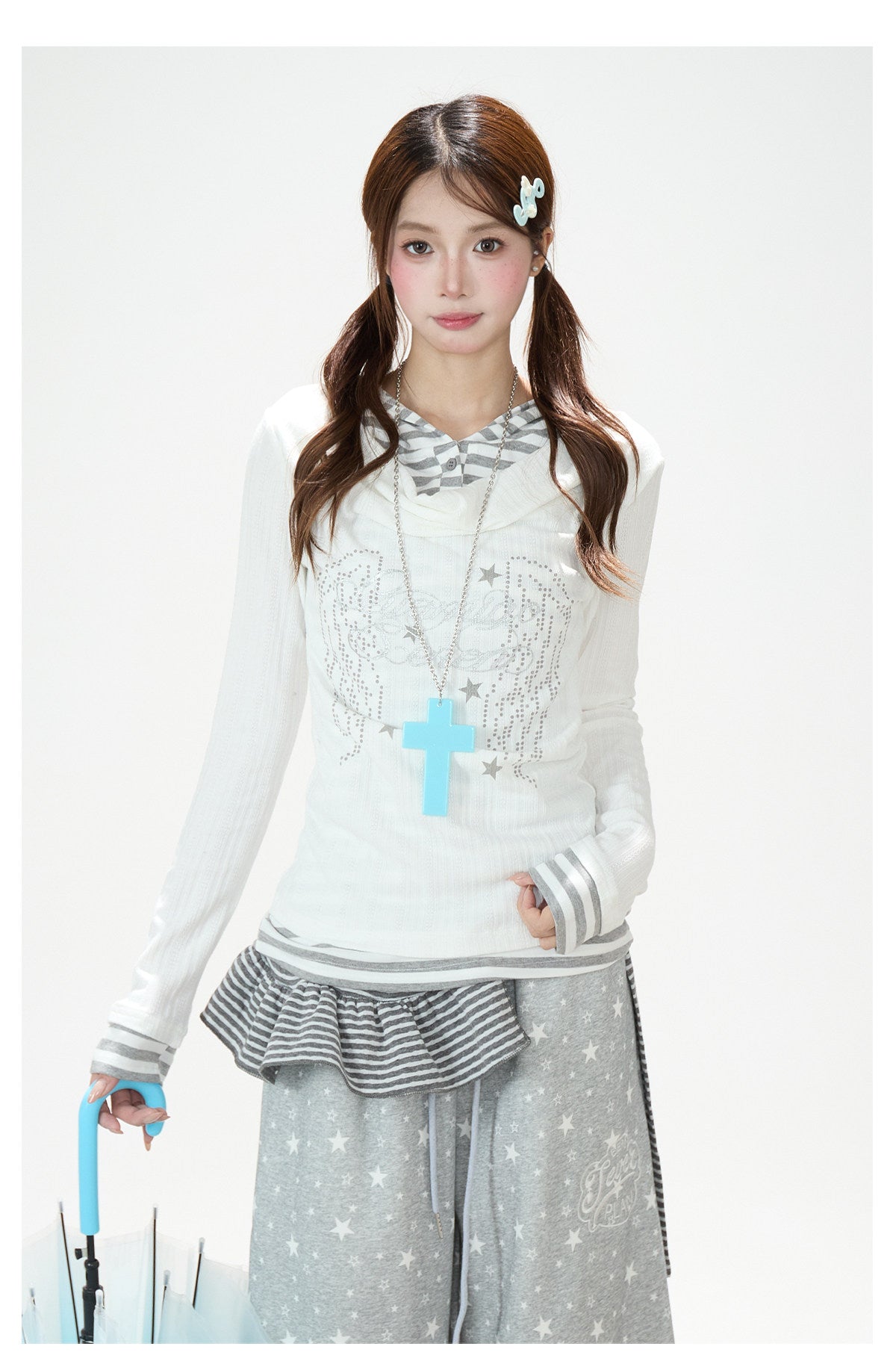 Angel Wing Graphic Hooded Stripe Layered Long Sleeve Top
