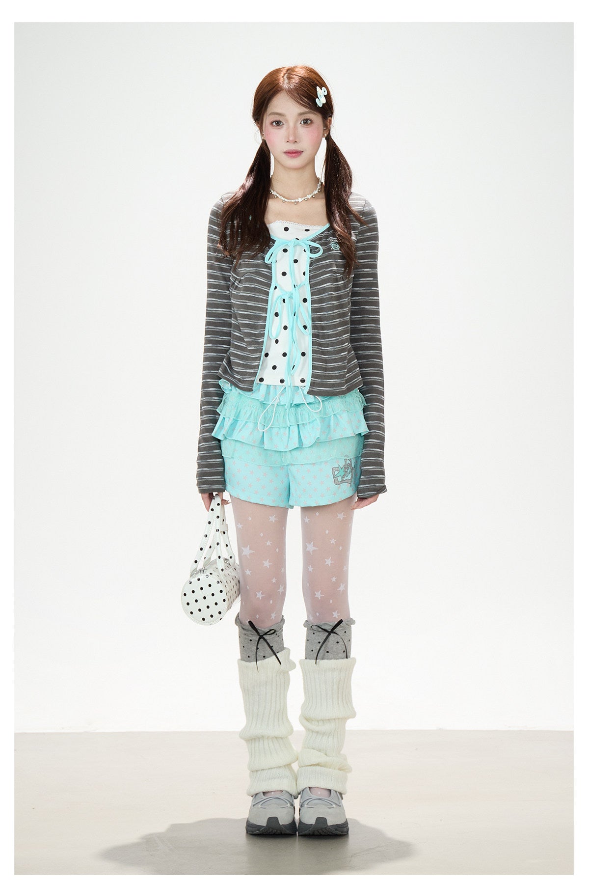 Polka-Dot Tie-Front Layered Long Sleeve Top & Pinstripe Button Wide-Leg Pants