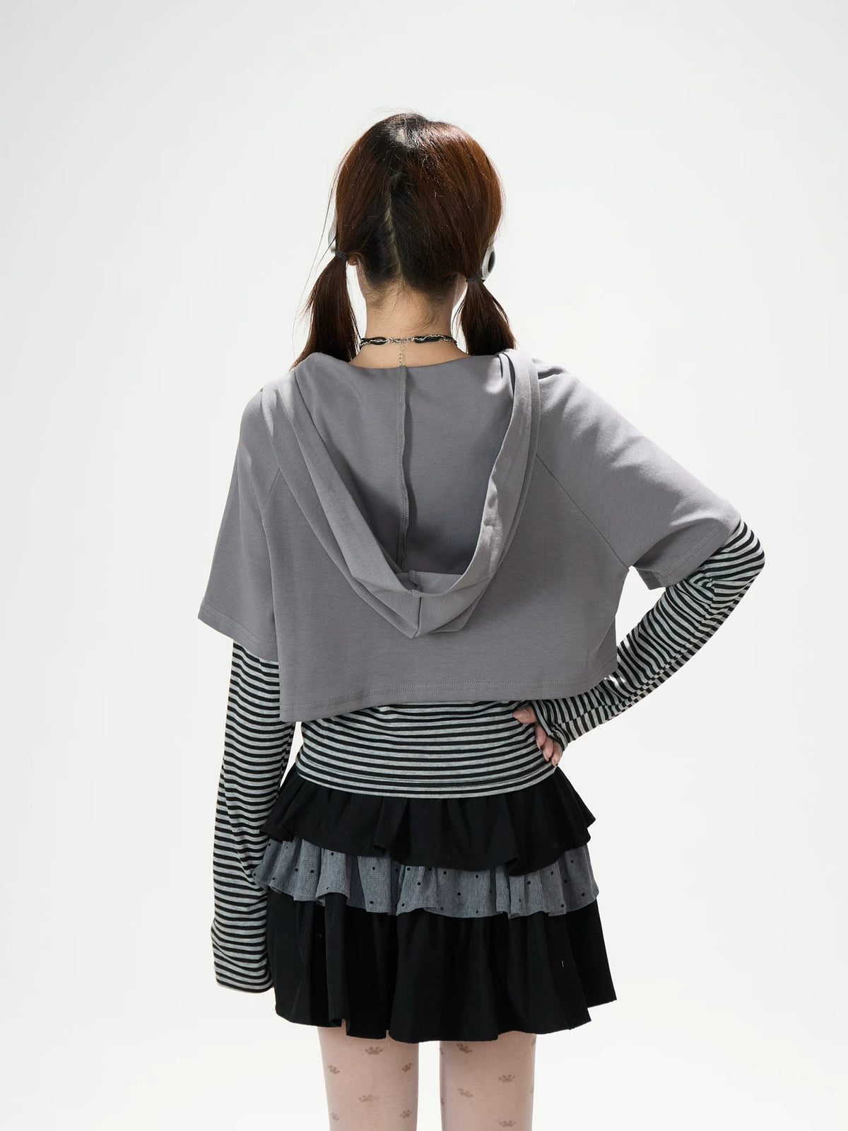 Graphic Cropped Hooded Tee, Striped Layering Long Sleeve Top & Tiered Mini Skirt