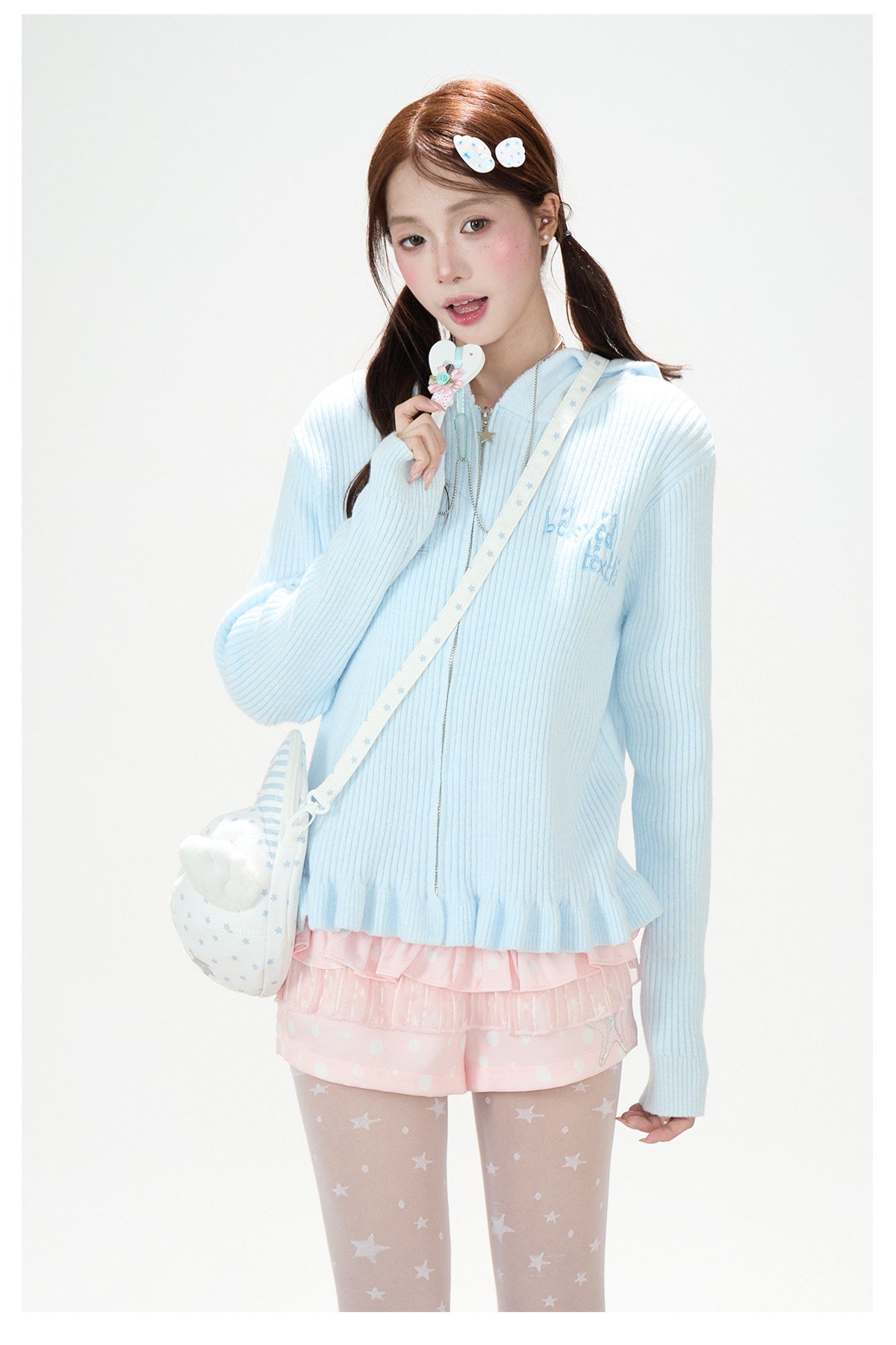 Cat-Ear Hooded Knit Zip Cardigan & Pink Ruffle Shorts