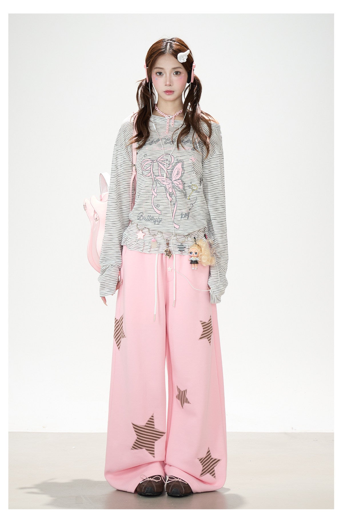 Bow Stripe Off-Shoulder Long Sleeve Top & Pink Wide-Leg Pants