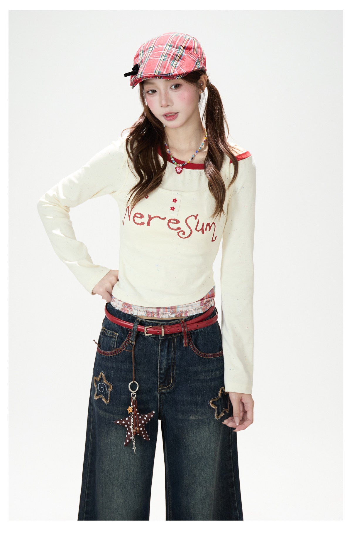 Letter Print Layered Long Sleeve Top & Star Patch Wide-Leg Jeans