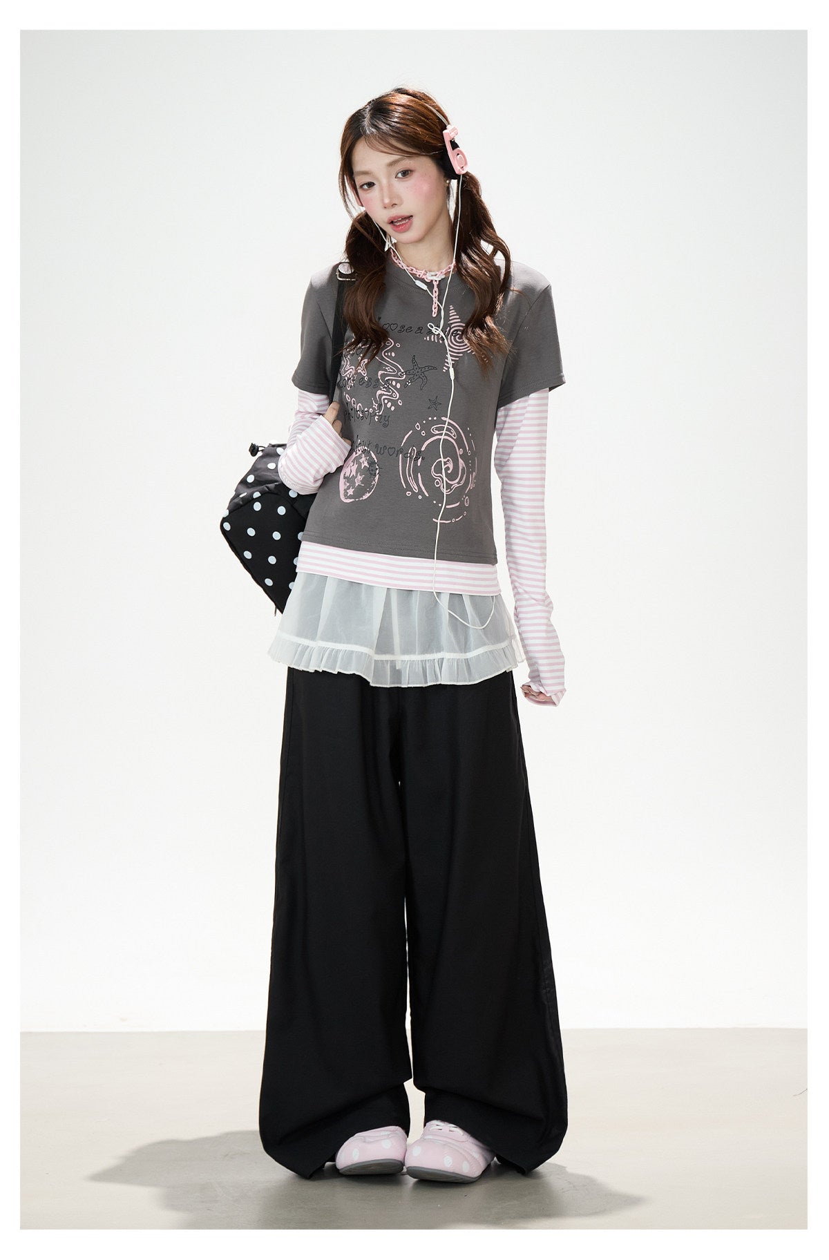 Graffiti Layered Long Sleeve Top & Black Wide-Leg Pants