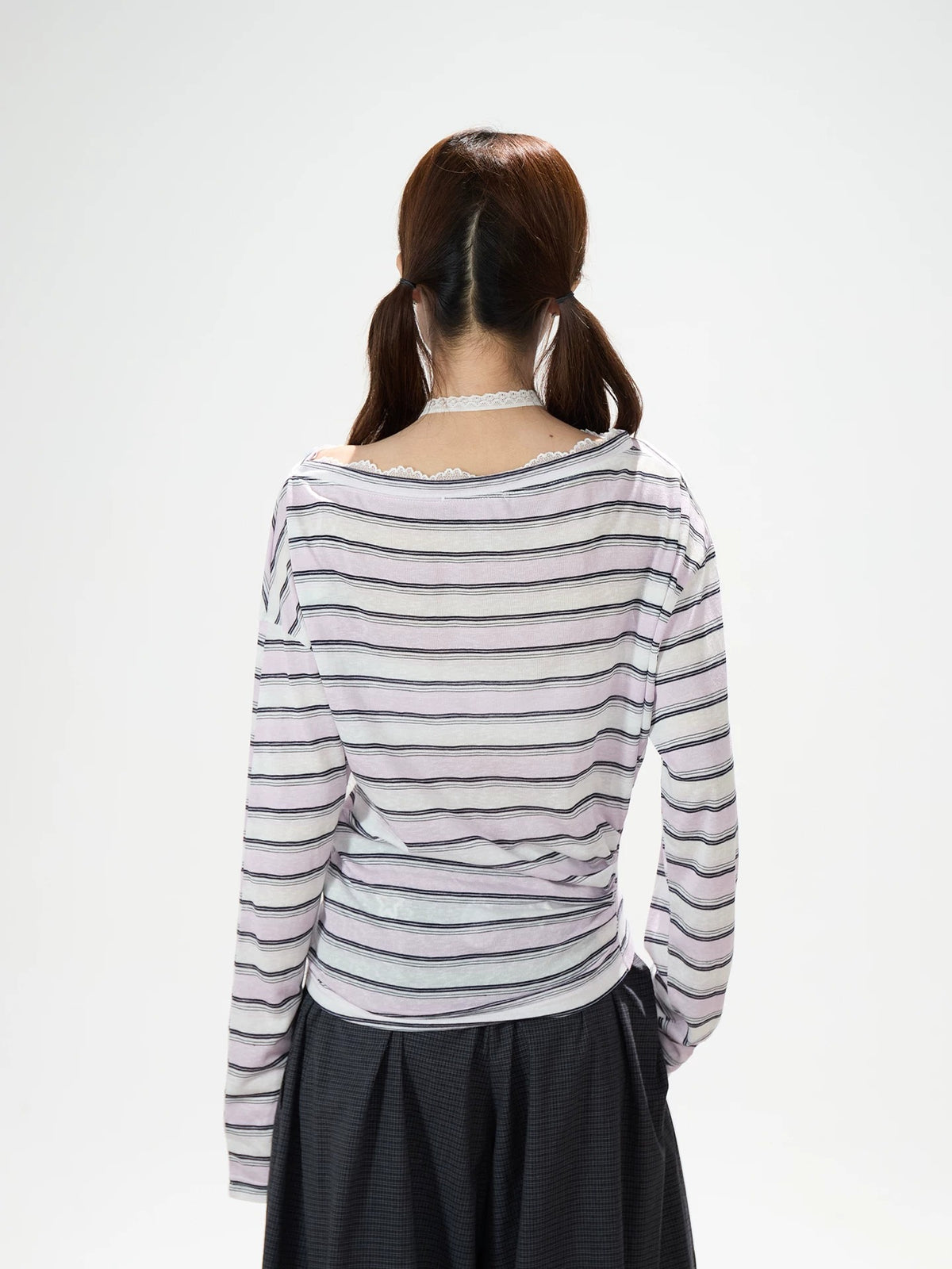 Striped Off-Shoulder Long Sleeve Top & Polka-Dot Midi Skirt