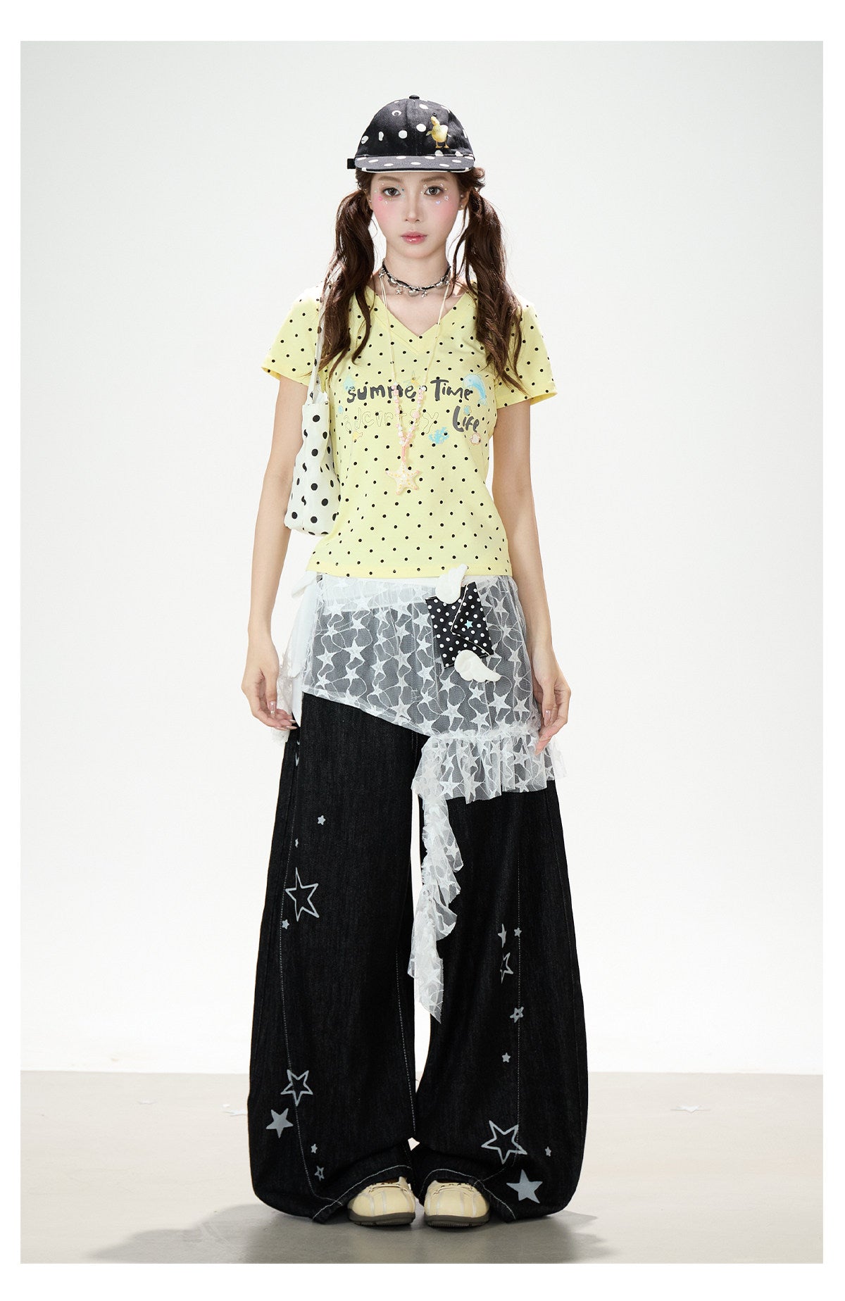 Star Print Lace Layered Wide-Leg Jeans
