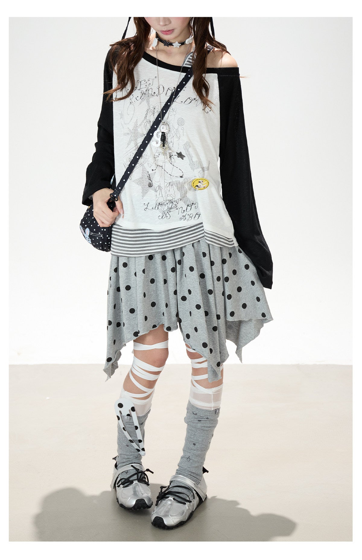 Cartoon Girl Off-Shoulder Long Sleeve Top & Asymmetric Polka-Dot Mini Skirt