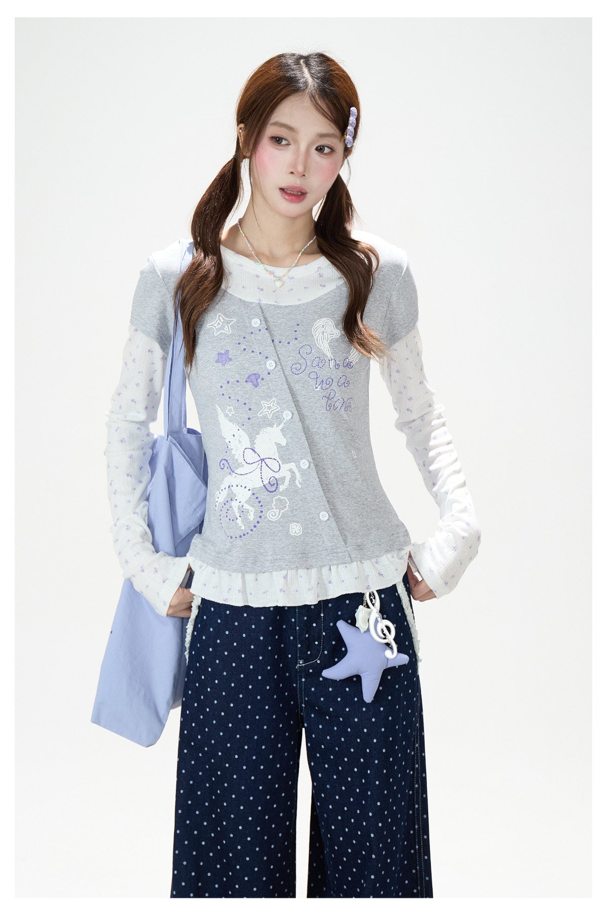 Floral Layered Long Sleeve Top & Navy Polka-Dot Wide-Leg Pants