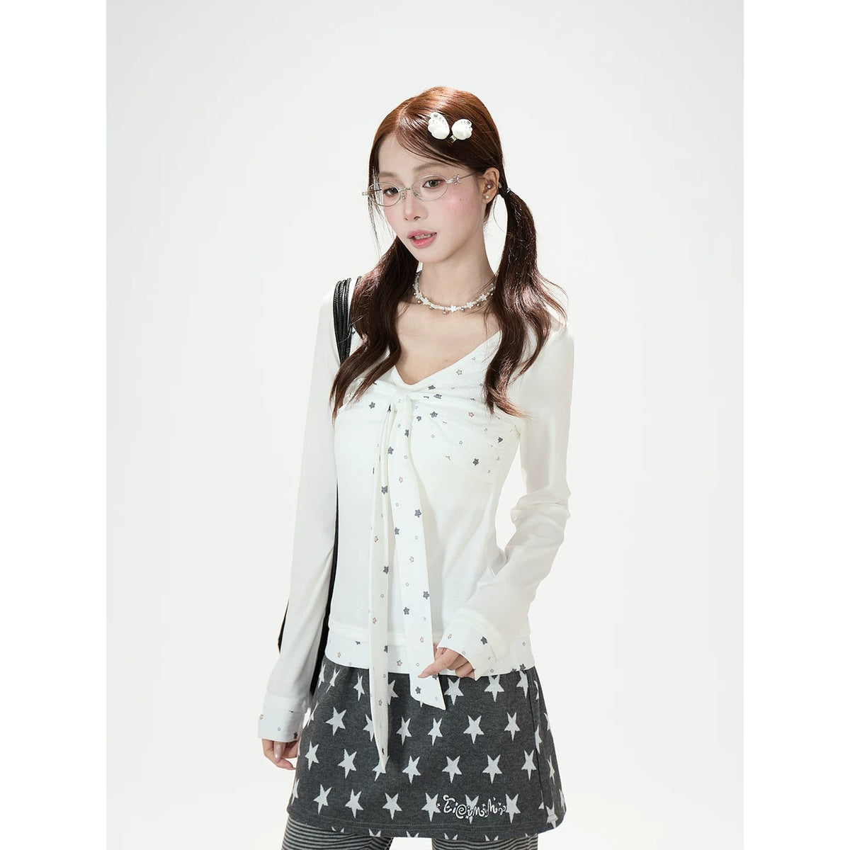 Star Bow-Tie Long Sleeve Top & Star Skirt-Layer Stripe Flared Pants