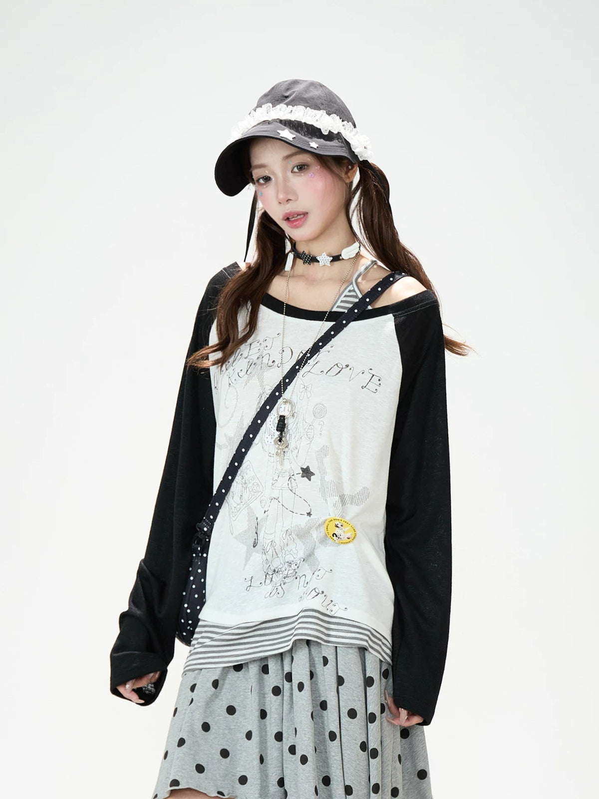 Cartoon Girl Off-Shoulder Long Sleeve Top & Asymmetric Polka-Dot Mini Skirt