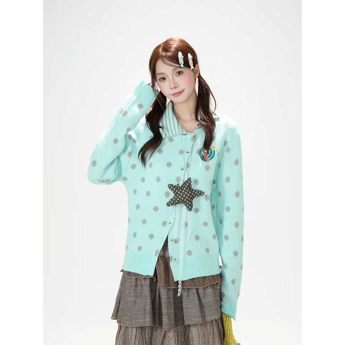 Polka-Dot Asymmetric Knit Cardigan & Tiered Midi Skirt
