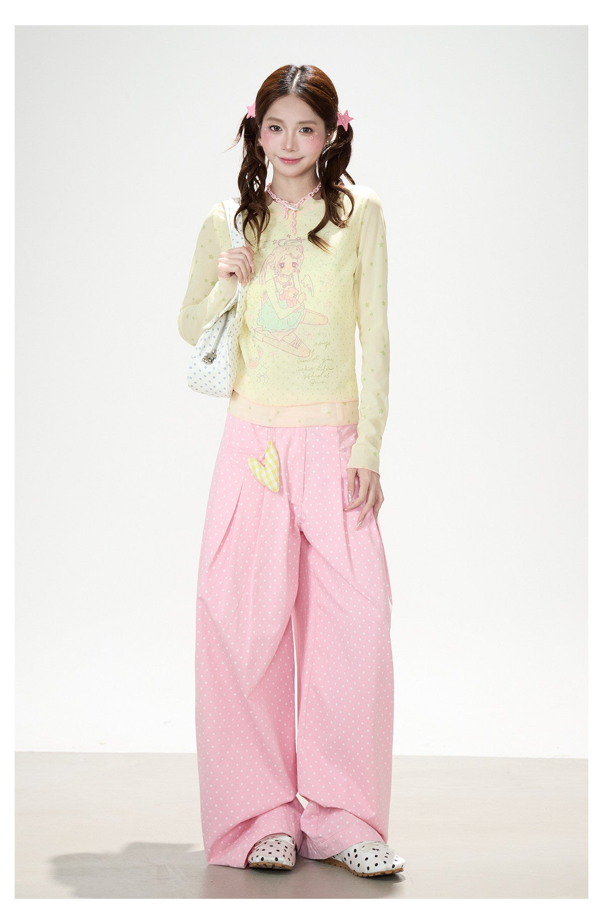 Anime Star Polka-Dot Mesh Long Sleeve Top & Bunny Graphic Wide-Leg Jeans