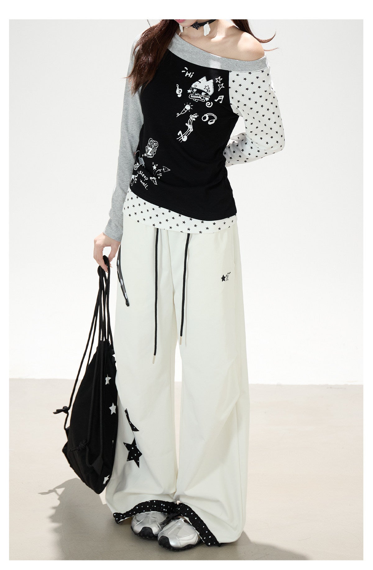Star Polka-Dot Patchwork Wide-Leg Cargo Pants