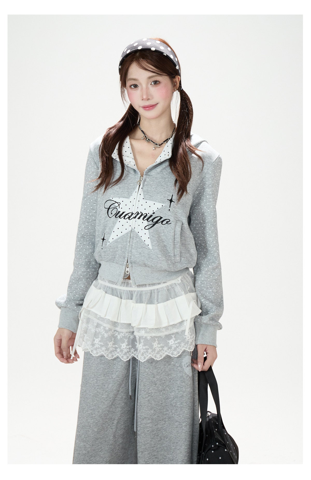 Star Polka-Dot Cropped Zip-Up Hoodie & Paw Print Graphic Wide-Leg Jeans