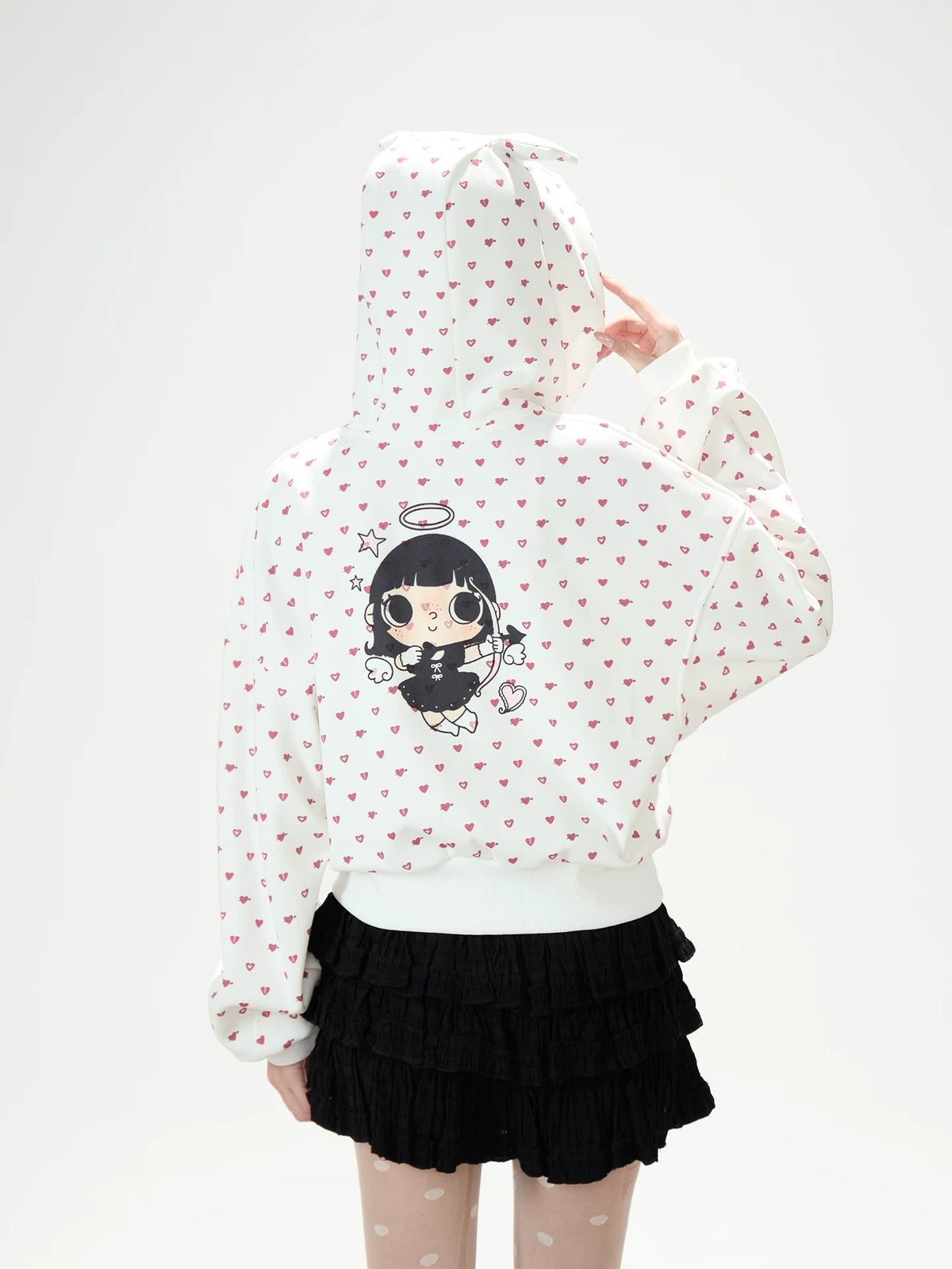Heart Print Zip-Up Hoodie & Black Tiered Ruffle Mini Skirt