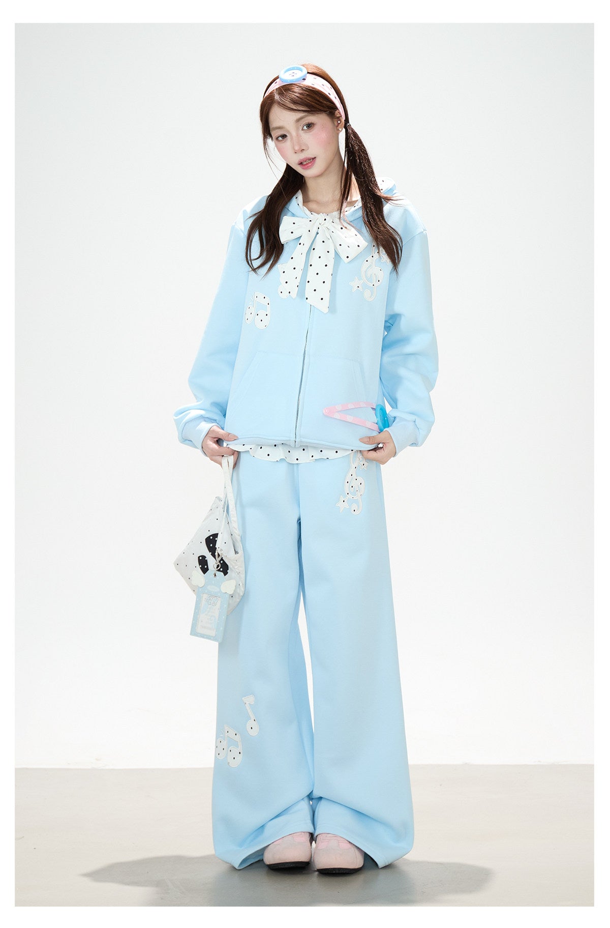 Music Note Polka-Dot Bow Zip-Up Hoodie & Gray Wide-Leg Pants