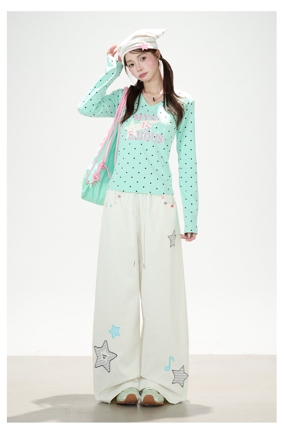 Polka-Dot V-Neck Long Sleeve Top & Star Music Note Wide-Leg Pants