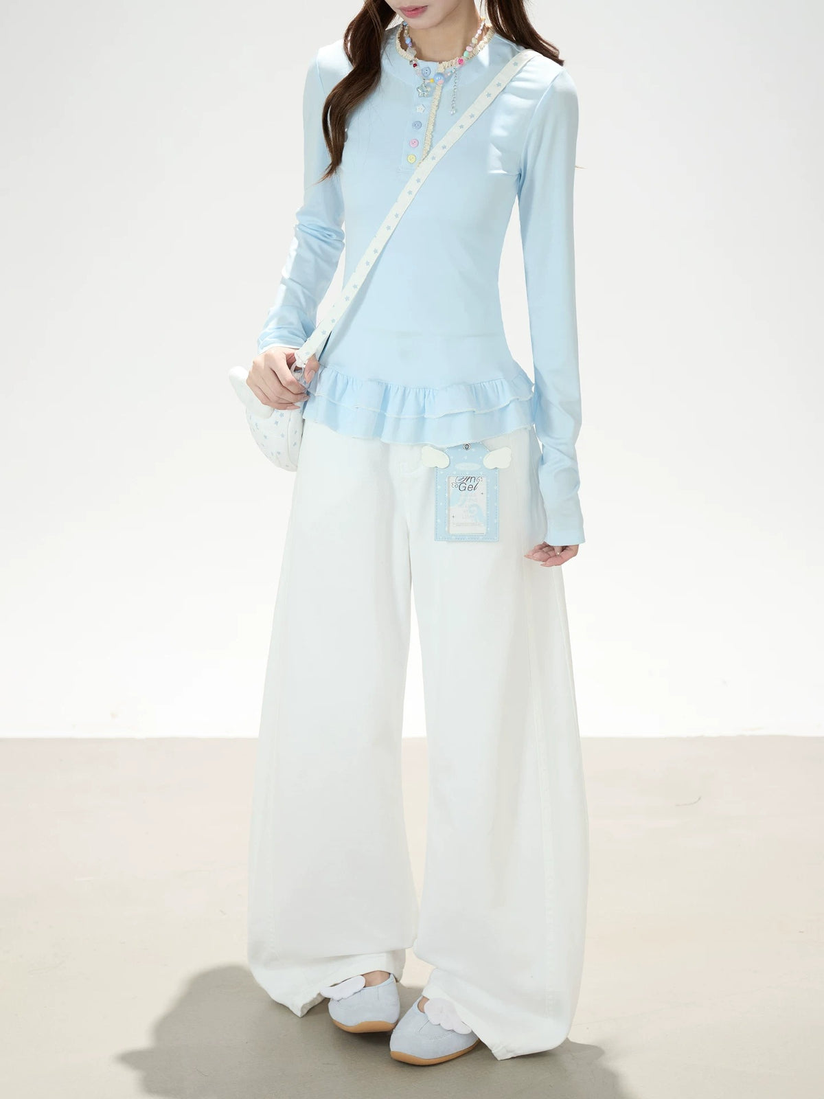 Ruffle Hem Button Long Sleeve Top & White Wide-Leg Pants