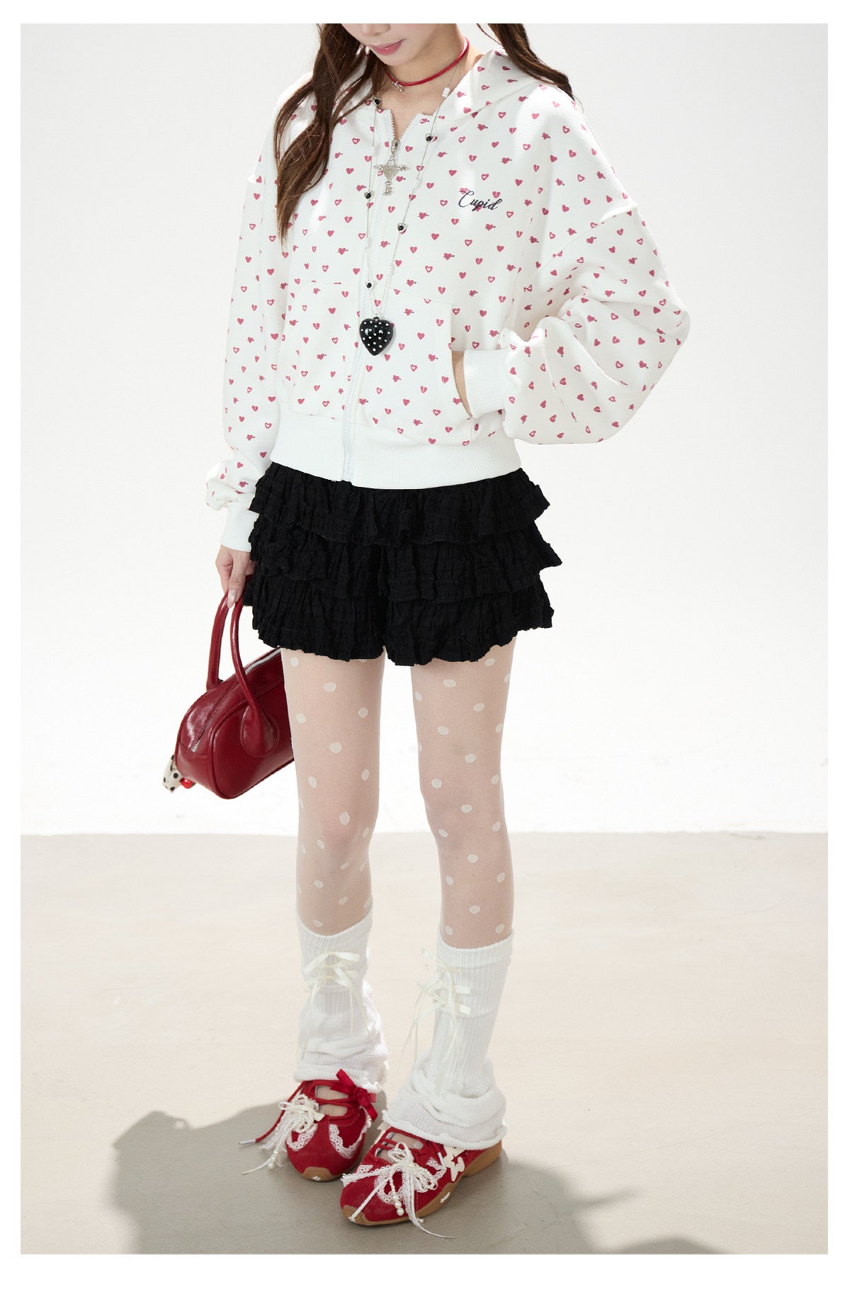 Heart Print Zip-Up Hoodie & Black Tiered Ruffle Mini Skirt