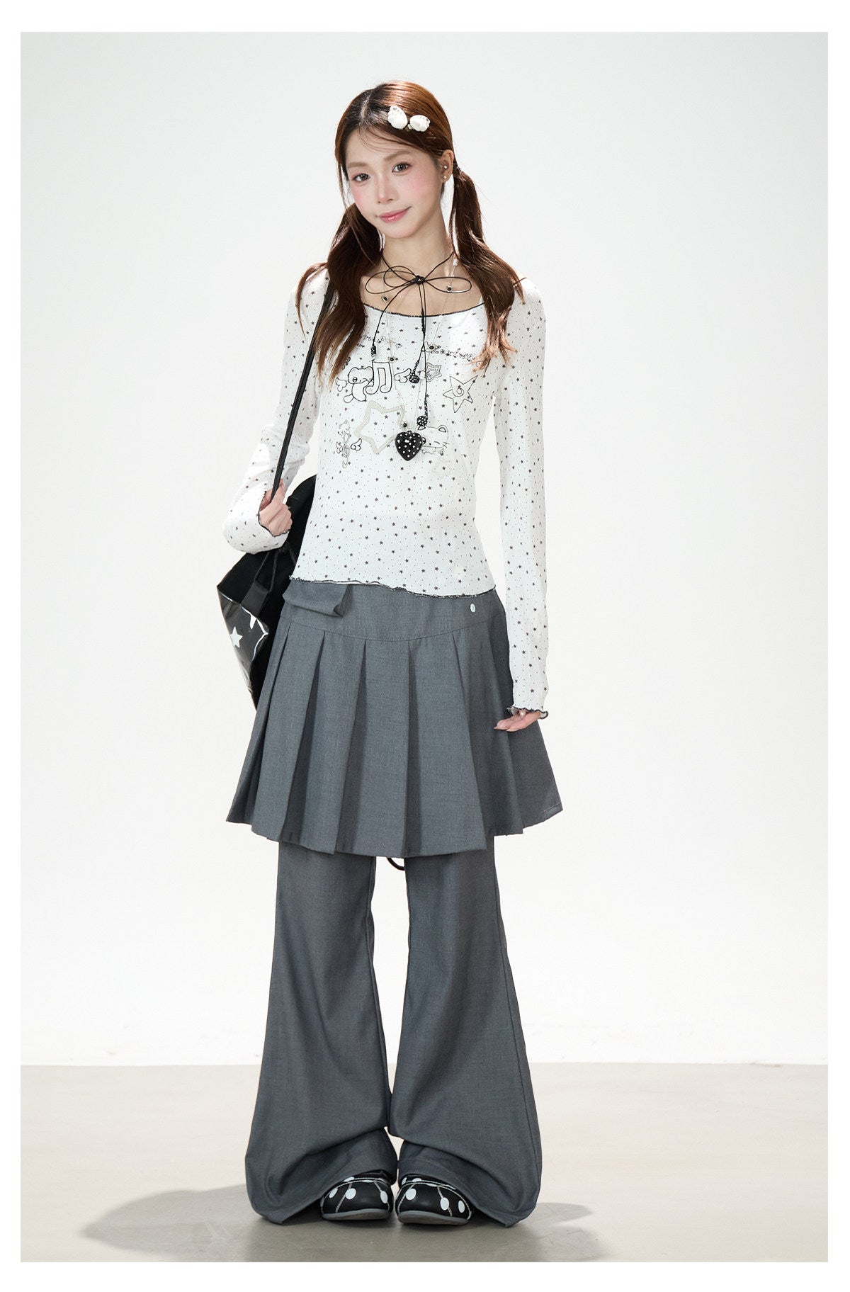 Star Cartoon Fitted Long Sleeve Top & Pleated Skirt-Layer Wide-Leg Pants